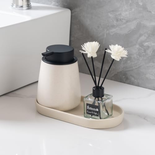 Matte Beige Round Soap Dispenser Tray - 8'' Ceramic Vanity Tray for Bathroom Decorative, Jewelry Ring Dish, Comestic Holder, Kitchen Sink Countertop Organizer Plate - Image 4