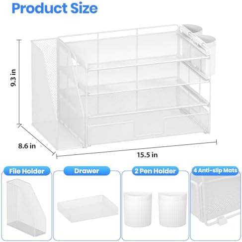 OPNICE Desk Organizer, 4-Tier Desktop File Organizer with Drawer and Pen Holders, Office Desk Accessories, File Sorters, Workspace Organizers for Office Supplies(White) - Image 2
