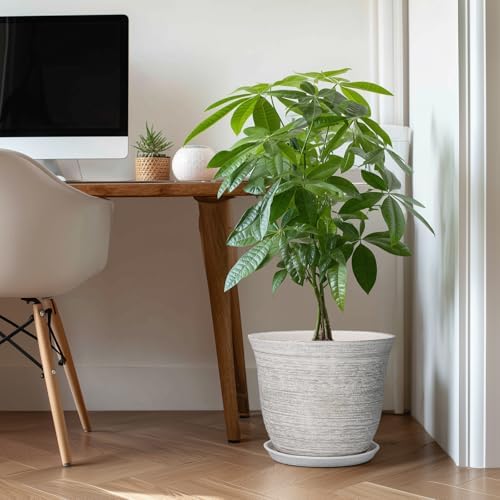 Ceramic Planter - 12 Inch Plant Pot with Drainage Hole and Saucer, Round Large Plant Pots for Indoor Outdoor, Modern Decorative Flower Pots, Garden Room Home Decor, Housewarming Gifts, Grey - Image 3