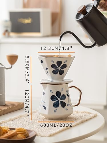 Pour Over Coffee Maker,Ceramic Coffee Maker With 40 pcs Paper Filter，20oz/600ml Pour Over Coffee Dripper (Blue and white) - Image 2