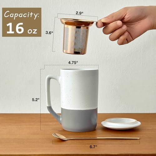 Gencywe Ceramics Large Tea Cup with Loose Leaf Infuser, Spoon and Lid, 16 oz Tall Coffee Mug, Microwave and Dishwasher Safe, Rustic Matte Ceramic Glaze, Tea Strainer (Gray) - Image 3