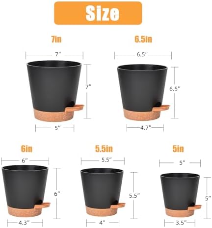 Vanslogreen Planters for Indoor Plants 7/6.5/6/5.5/5 Inch, Self Watering Flower Pots with Drainage Holes and Saucers 5 Pack Plastic Pots for Plants, Succulents, Herbs, Cactus, Flower, Black - Image 3