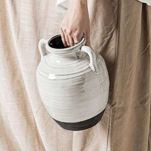 White Ceramic Vase with 2 Handles, 9.5 Inch, Farmhouse Rustic, Aurora White - Image 3