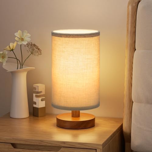 Fenmzee 8.5" Small Table Lamp for Bedroom - Beige Shade & Walnut Base by Fenmzeelighting