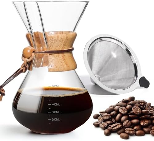 Pour Over Coffee Maker 20 OZ, 6 Cup Borosilicate Glass Drip Coffee Maker with Reusable Stainless Steel Filter and Cork Grip for Home Café 600 ML by Yopinmall