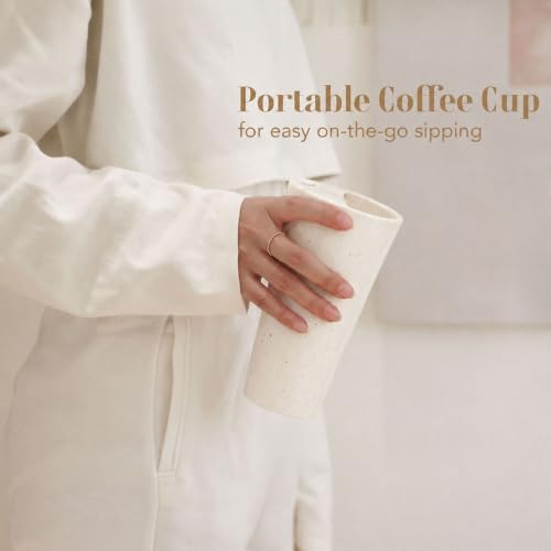 Handmade Ceramic Coffee Mug with Half Lid and Sip Hole, 18oz Tall Travel Coffee Tea Cup with Silicone Sleeve, Pure Ceramic Drinking Tumbler for Home, Office and Daily Commute, Speckle white - Image 3