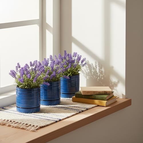 HASENSE Ceramic Indoor Plant Pots, 4.6 Inch Small Flower Planters with Drainage Hole and Saucer, Vintage Reactive Glaze Blue Pots for Succulents, Cactus, Herbs, Home Decor, Set of 4 - Image 2