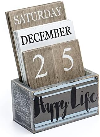 Notakia Perpetual Calendar Wooden Calendar Blocks Vintage Wood Block Calendar for Home Office Desk Accessories Week Month Date Display (Happy Life) by Notakia