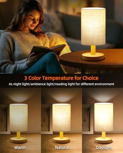 Small Touch Table Lamp for Bedroom, Portable LED Desk Lamps, 3 Color Stepless Dimming Up, Wood Base Round Flaxen Fabric Shade for Kids Room, Living Room, College Dorm, Home, Office - Image 6