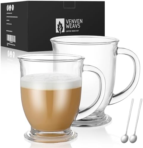VENVENWEAVS Glass Coffee Mugs Set of 2,15 OZ Lead-free Clear Coffee Cups For Cappuccino,Latte,Tea,Glass Coffee Cups with handles by PREMIUMGLASSWARE