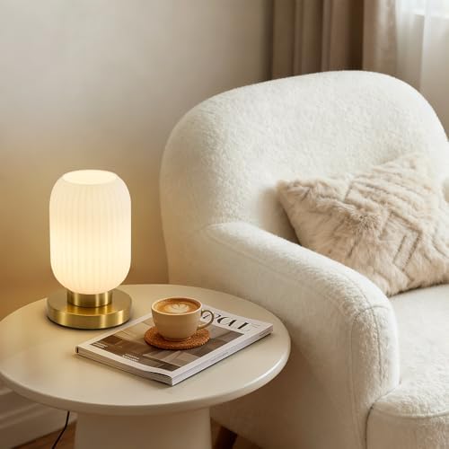Mid Century Modern Table Lamp, 6" White Glass Desk Lamp Plug in - Image 2