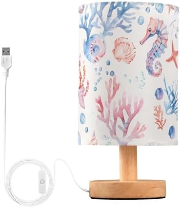 ALAZA Jellyfish Seahorse Coral Seashells Lamp for Girls Boys Bedroom Bedside Table Lamp with USB Port LED Kids Nightstand Lamp Wood Base Desk Living Room Decor by ALAZA