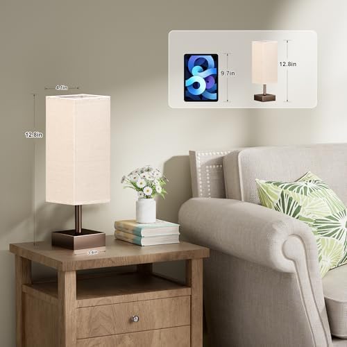 aooshine Browm Small Bedside Lamp for Bedroom - Square Beige Fabric Shade - Image 3
