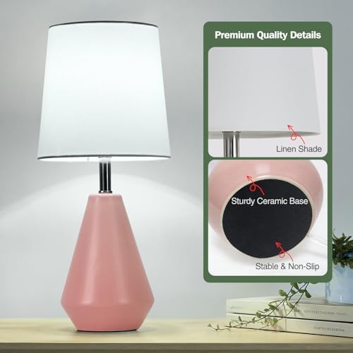 Small Bedside Table Lamp for Bedroom-Reading Desk Lamp Set of 2,with 3 Color Temperatures,15.5" Nightstand Ceramic Lamp with Fabric Shade for Kids Room,Living Room,Dorm,Home Office(Pink+White) - Image 5