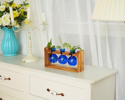 Kingbuy Glass Plant Terrarium Propagation Station - 3 Bulb Colored Vases with Retro Wood Stand Indoor Garden Planter - Wall Mounted & Desktop Decor for Home Kitchen Wedding, Gift for Plant Lover, Blue - Image 5
