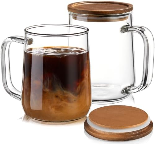 Glass Coffee Mugs, 18 oz Glass Coffee Cups with Acacia Wood Lids, Clear Borosilicate Glass Mugs with Handles for Cappuccino, Tea, Latte, Hot/Cold Beverages, Wine, Americano, Set of 2 by Unknown