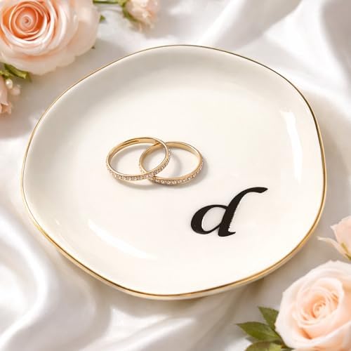 Initial Ring Dish - White Ceramic Jewelry Tray for Nightstand & Sink, Anti-Loss Trinket Organizer, Meaningful Engagement or Birthday Gift for Women, Sister, Friends (Letter D) by Unknown