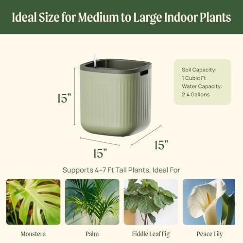 15 Inch Self-Watering Planter for Indoor Plants – Large Modern Plant Pot with Built-In Water Reservoir, Ideal for Monstera, Fiddle Leaf Fig, Palms & Peace Lily, Without Trellis (2, Sage Green) - Image 2