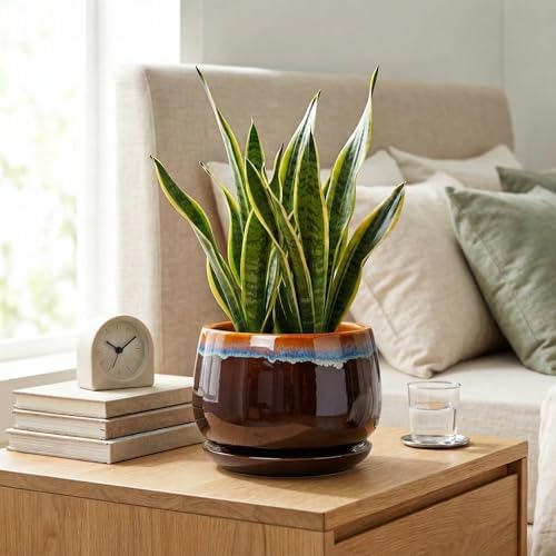 Ceramic Planter, 7 Inch Plant Pots with Drainage, Brown-Blue - Image 7