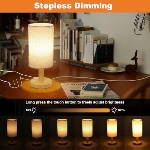 Small Touch Table Lamp with Stepless Dimming&USB Plug,Natural Round Wood Base&Linen Fabric Shade |Soft Ambient Warm Night Light|Minimalist Boho Bedside Lamp for Bedroom,Nightstand,Nursery,Kitchen,Dorm - Image 2