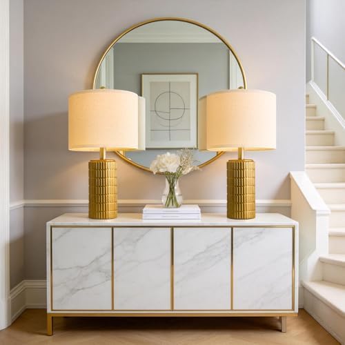 PoKat 20.75" Brass Gold Ceramic Table Lamps Set of 2 for Living Room, Small Retro Bedside Lamps for Bedroom, Nightstand Lamps for Home Decor, Vintage Bronze Decorative Lamp Sideboard Side Table Gifts - Image 4