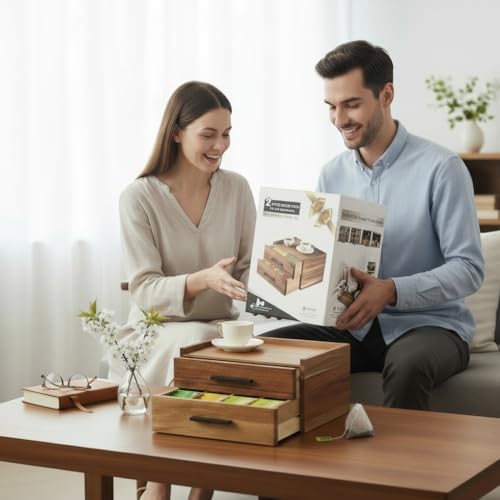 Acacia Wood Tea Bag Organizer with Gift Box, Double-Drawer Tea Box - Tea Accessories for Tea Organizer and Storage Box, Tea Station Chest Caddy for Countertop Cabinet Office(21-Compartment) - Image 2
