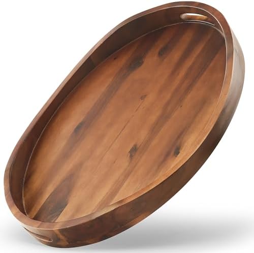 TIDITA Acacia Oval Wooden Serving Tray with Handle, 20"x15", Walnut Color by TIDITA