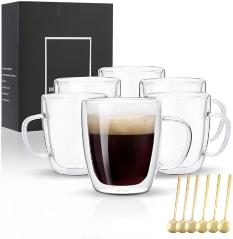 VENVENWEAVS Glass Coffee Mugs Set Of 6, 13.5 OZ Insulated Double Wall Coffee Cups, Perfect for Cappuccino, Latte, Americano, Tea Bag, Beverage,Glass Coffee Cups With Handles by PREMIUMGLASSWARE