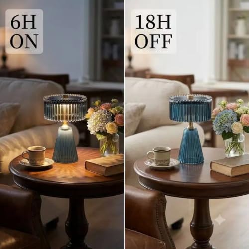 Cordless Glass Table Lamp - Small Battery Operated Lamp with 6H Timer, Vintage Fluted LED Battery Powered Lamps, Teal Glam Accent Nightstand Light for Bedroom, Bathroom, Patio (Teal+Small) - Image 4