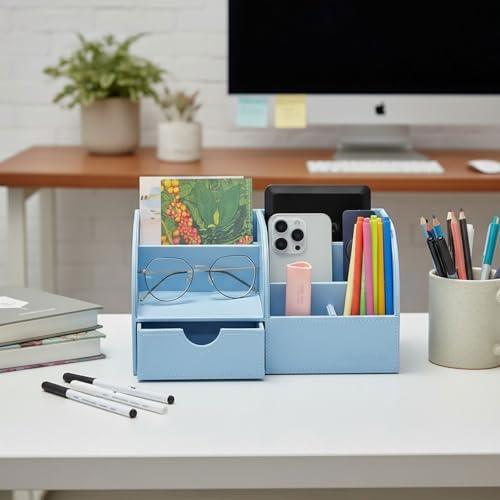 UnionBasic Desk Organizer - Multifunctional Leather Desktop Pen Holder Storage Box - Business Card/Pen/Pencil/Mobile Phone/Stationery Holder, Blue - Image 6