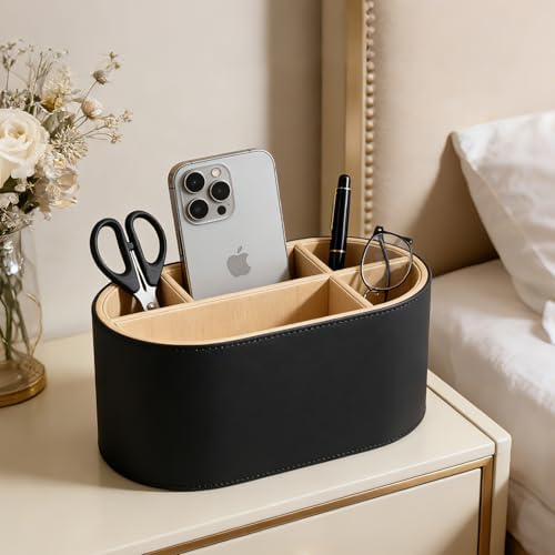 KINGFOM PU Leather Desk Organizer with Multi Compartments, Desktop Caddy Holder for Remote Controls, Pens, Makeup Brushes, Office Accessories (Black) - Image 5