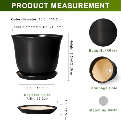 Ceramic Pots for Plants - 10 Inch Plant Pot with Drainage Hole and Tray, Large Round Planter for Indoor Outdoor, Morden Decorative Flower Pots, Living Room Decor, Gardening Gifts, Black - Image 2
