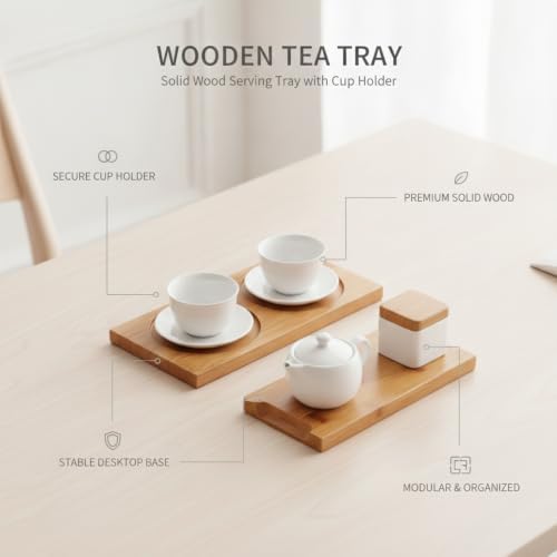 Solid Wood Tea Serving Tray with Raised Edges - Compact Desktop Organizer for Coffee Mugs & Cups, Natural Brown Finish - Image 4