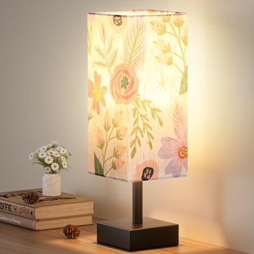 aooshine Small Bedside Table Lamp for Bedroom - Square Floral Fabric Shade by Aooshine