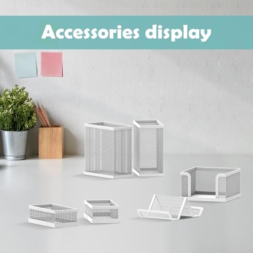 Pen Holder for Desk, 6-Piece Mesh Desk Organizer with Phone Holder, White - Image 2