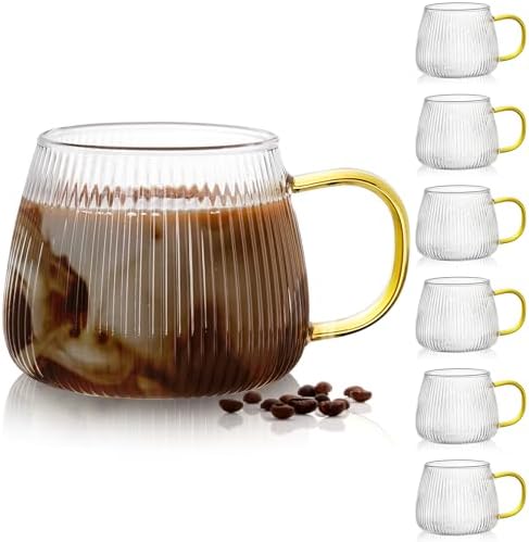 AVLA 6 Pack Glass Coffee Mugs, 16 OZ Unique Vertical Stripes Coffee Cup, Clear Large Tea Glasses with Handle, Vintage Transparent Glassware for Hot/Cold Beverages, Cappuccino, Latte, Espresso, Juice by AVLA