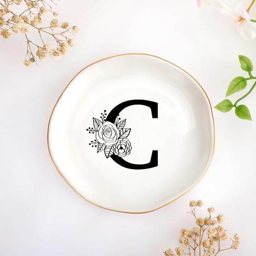 JoycuFF Initial C Ceramic Jewelry Tray, Bridesmaid Bride Gifts, Mothers Day Christmas Anniversary Engagement Birthday Gifts for Women Couples, Trinket Dish for Rings Earrings Necklaces Bracelets Keys by Joycuff