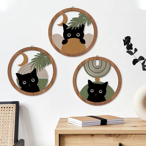 HPNIUB Abstract Mid Century Boho Black Cat Wall Decor-4 Pieces 10''x10'' Farmhouse Geometric Hanging Wooden Wall Art,Bohemian Moon and Sun Wood Sign for Nursery Bedroom Decoration, Lovely Cat Gifts - Image 3