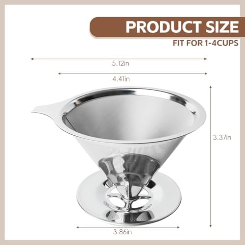 Pour Over Coffee Dripper Stainless Steel Coffee Filter Metal Cone Filter Extra Fine Wire Mesh Reusable Coffee Filter Coffee Maker (Silver, 1-4 Cups) - Image 2