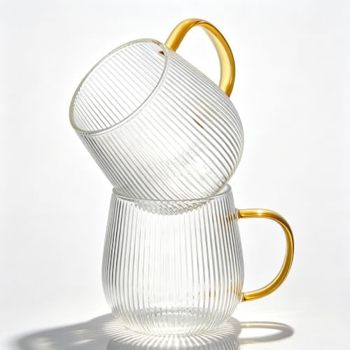 GLASKEY Borosilicate Glass Coffee Mugs Set of 2,12 oz Glass Coffee Cups with Vertical Stripes Pattern,Clear Tea Cup for Tea,Coffee,Latte,Hot and Cold Beverage,Christmas Thanksgiving Gifts by GLASKEY