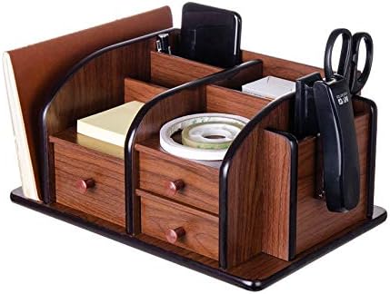 Liry Products Brown Wooden Desk Organizer Multiple Compartments 3 Drawers Slots 2 Shelves Racks Holder Office Supplies Caddy Tabletop Storage Desktop Stationery Accessory Sorter Home Kitchen by EXOLIRY