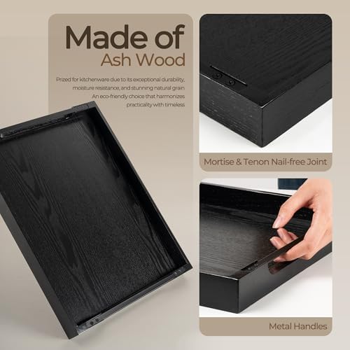 Axeman Wooden Serving Tray with Metal Handles|Ottoman Tray for Breakfast, Bed, Couch|17x13in Ash Wood Coffee Table Trays|Food Drinks Decorative Storage Boards for Ottoman Kitchen, Black - Image 3