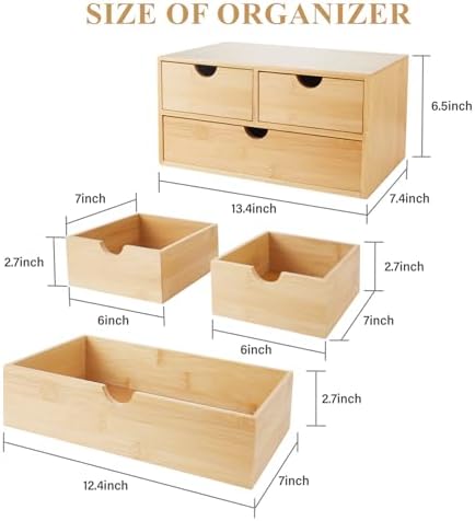 Charmewooden Bamboo Desk Organizer with 3 Drawers, Countertop Organizer with Drawers Makeup Storage Drawer 3 Drawers Tabletop Storage Organization Box Home Office Workspace - Image 2