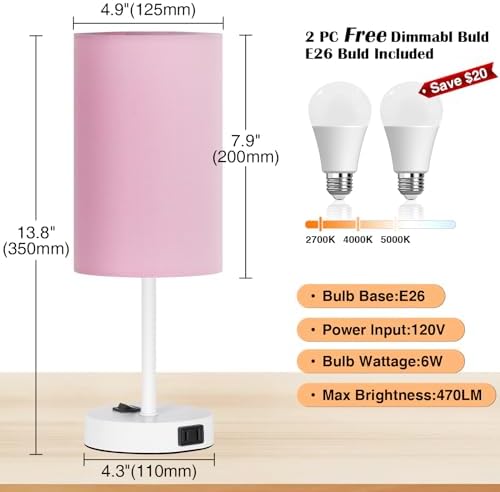 ZJOJO 13.8'' Pink Small Table Lamp Set of 2 for Bedroom Bedside, AC Outlet - Image 4