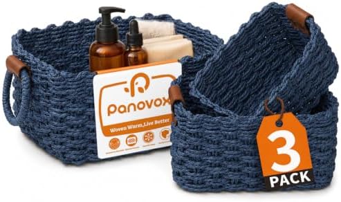 Small Wicker Baskets, 3 PCS Paper Rope Baskets for Shelves, Blue by Panovox
