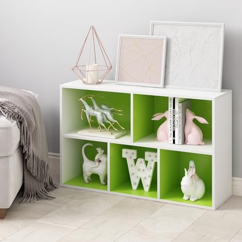 Furinno LUDER Book Shelf, 5-Cube Bookshelf, Reversible Bookcase, 9.4 x 19.5 x 31.5, Easy Assembly, for Living Room, Bedroom, Home Office, White/Green - Image 2