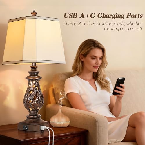 PARTPHONER 29" Table Lamps Set of 2, Bedside Lamps with USB A+C Ports & Night Light, Farmhouse Nightstand Lamps with Faux Silk Shades for Bedroom Living Room, Vintage Brown (LED Bulbs Included) - Image 4