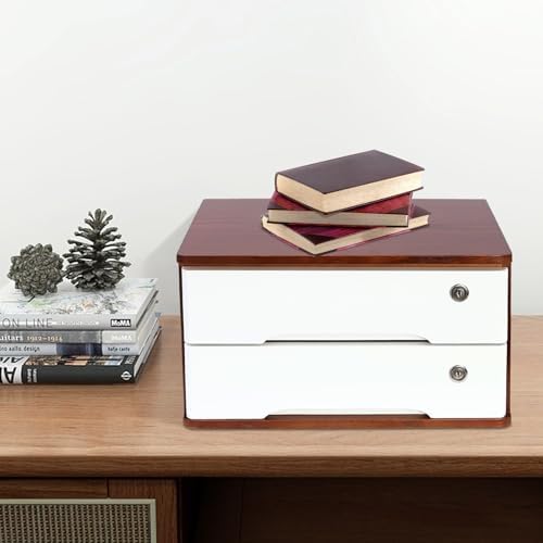 2-Tier Desktop Storage Box with Lockable Drawer, Wooden Desk Organizer for Office Supplies, Flat File Cabinet, Minimalist Design for Home & Office Use(Walnut+White) - Image 4
