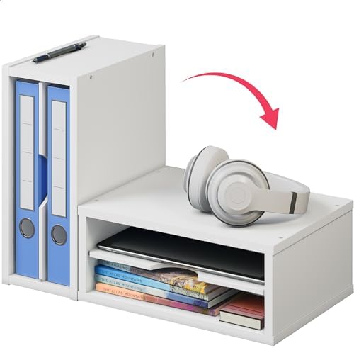 Ballucci File Organizer, 2-Tier Document Paper Sorter, Stackable Wood Desk Organizer Mail Holder, Monitor Stand with Storage Shelves, White - Image 5