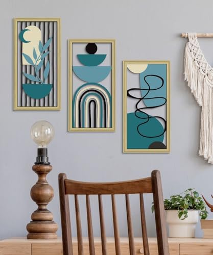 Putuo Decor Boho Wall Art Set of 3 Modern Minimalist Wooden Wall Decor Abstract Geometric Room Decorations Mid Century Artwork for Living Room Bedroom Office in Blue Tones 16.5 x 8.6 Inch - Image 4